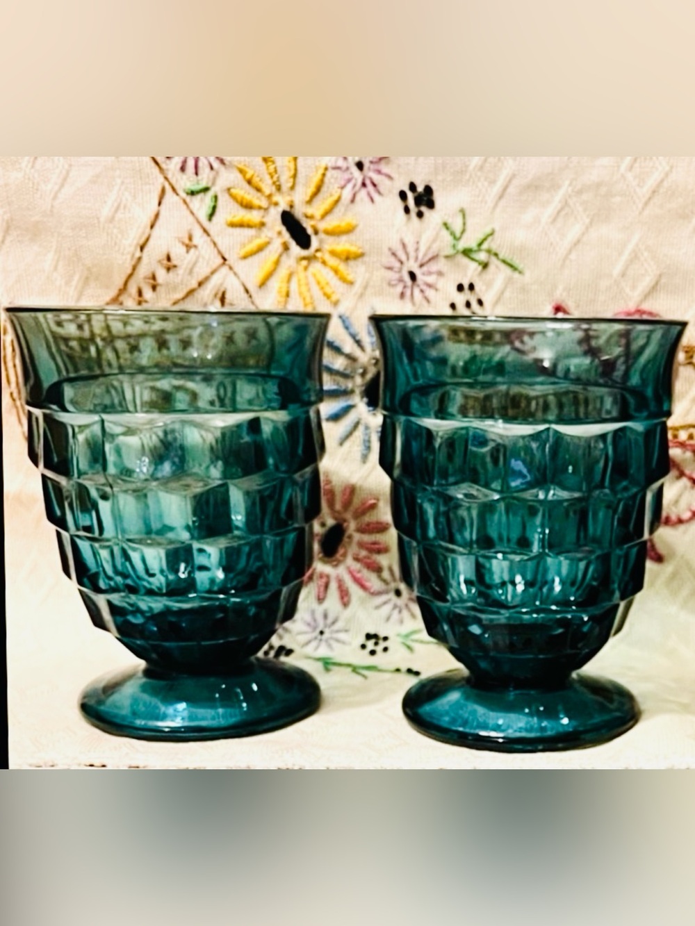Vintage Uranium Whitehall Riviera Blue Footed Tumbler Glasses Set of 2 EUC
